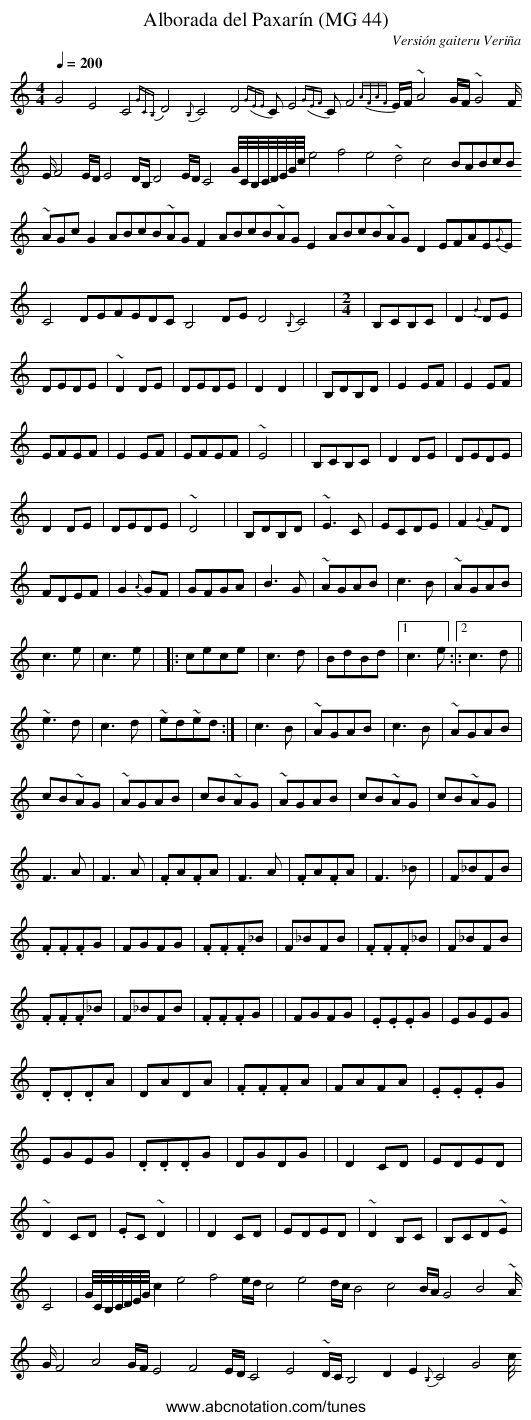 Alborada del Paxarín (MG 44) - staff notation