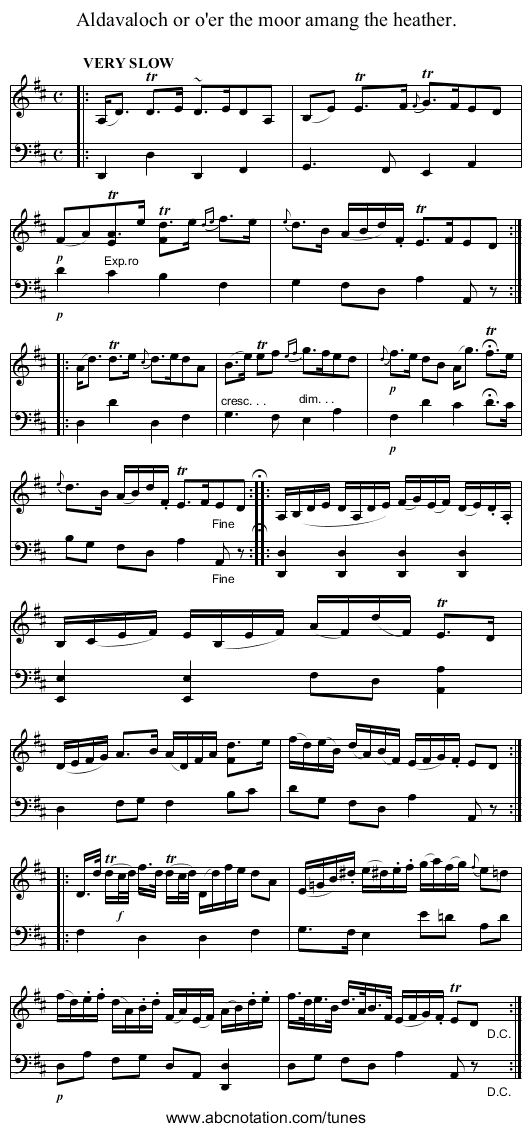 Aldavaloch or o'er the moor amang the heather. - staff notation