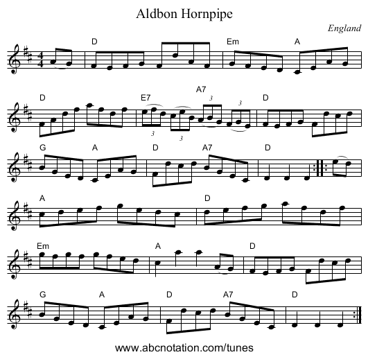 Aldbon Hornpipe - staff notation