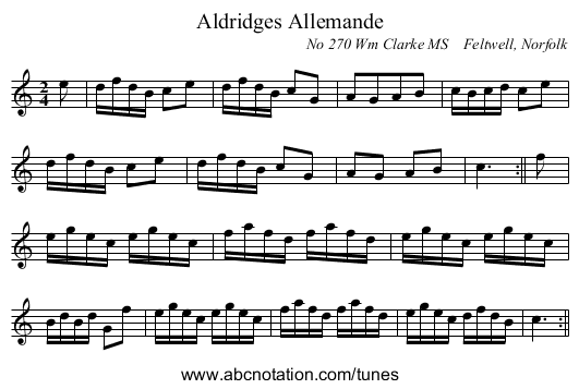 Aldridges Allemande - staff notation