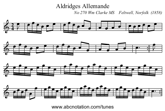 Aldridges Allemande - staff notation