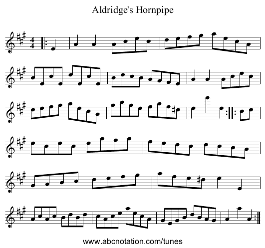 Aldridge's Hornpipe - staff notation