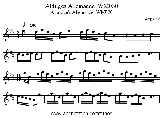 Aldriges Allemande. WM030 - staff notation