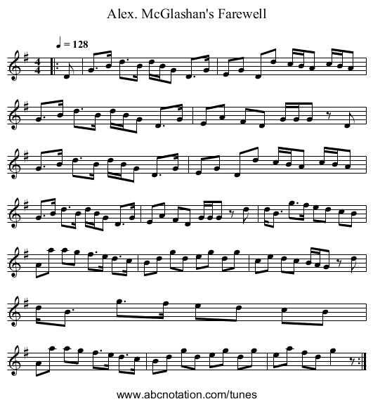 Alex. McGlashan's Farewell - staff notation