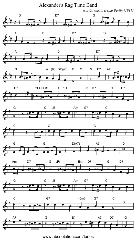 Alexander's Rag Time Band - staff notation
