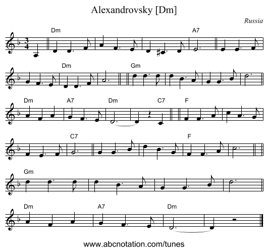 Alexandrovsky [Dm] - staff notation