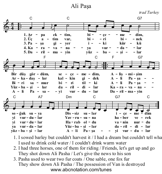 Ali Paşa - staff notation