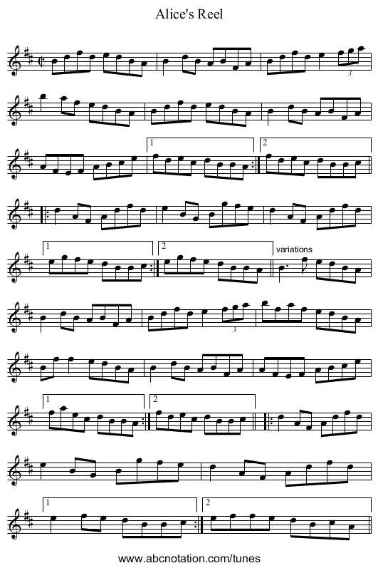 Alice's Reel - staff notation