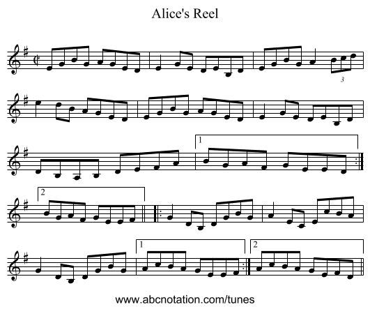 Alice's Reel - staff notation