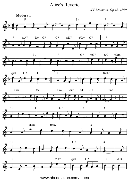 Alice's Reverie - staff notation