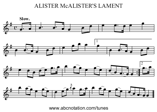 ALISTER McALISTER'S LAMENT - staff notation