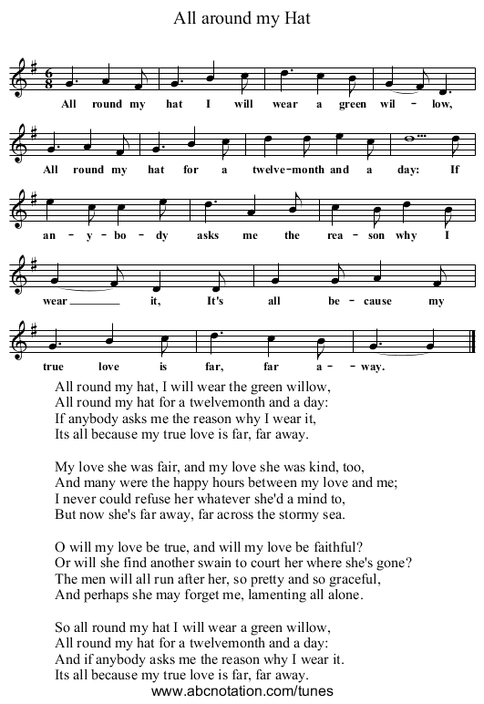 All around my Hat - staff notation