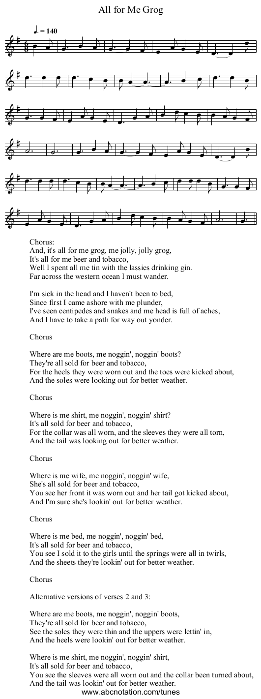 All for Me Grog - staff notation