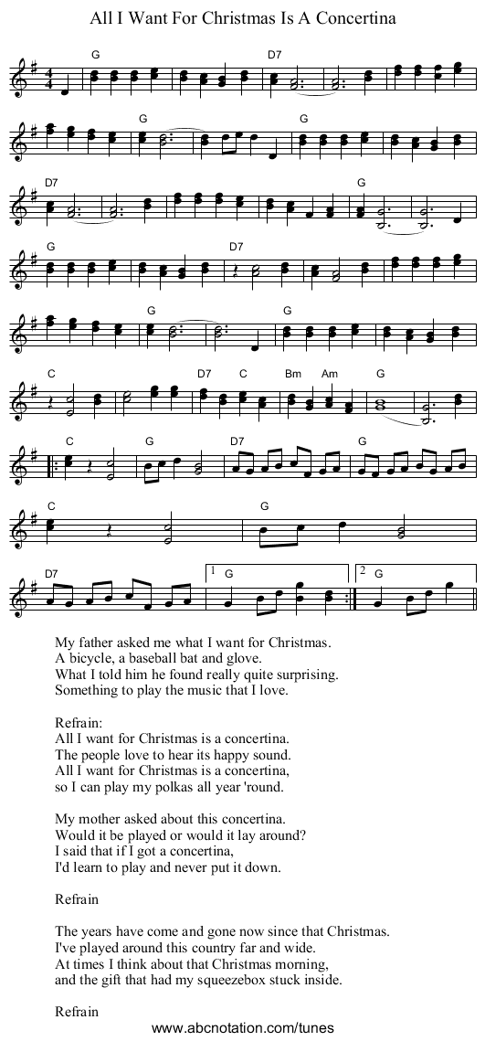 All I Want For Christmas Is A Concertina - staff notation