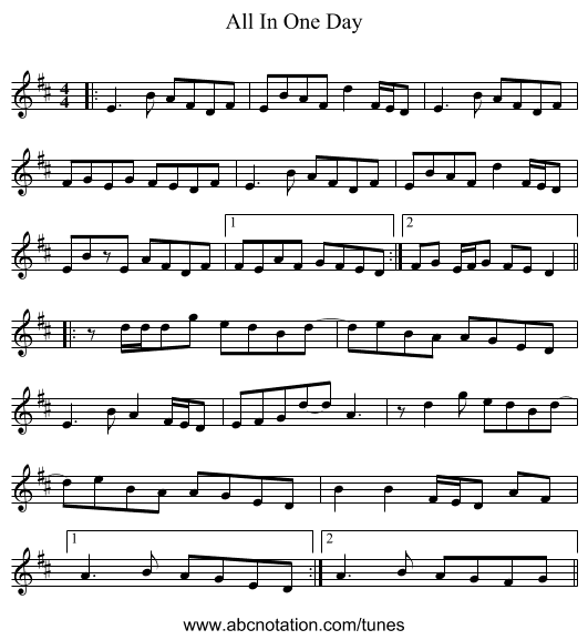 All In One Day - staff notation