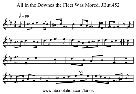 All in the Downes the Fleet Was Mored. JBut.452 - staff notation