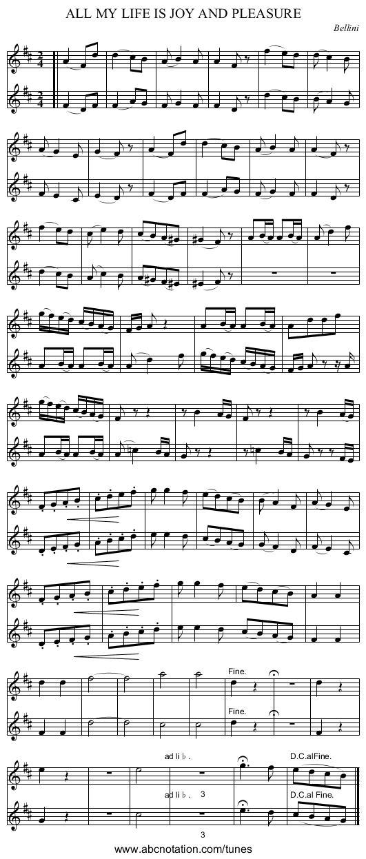 ALL MY LIFE IS JOY AND PLEASURE - staff notation