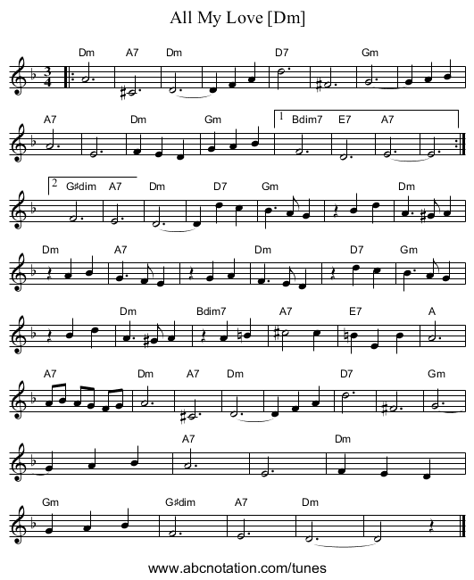 All My Love [Dm] - staff notation