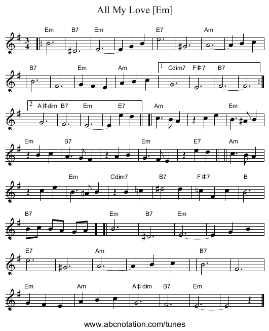 All My Love [Em] - staff notation