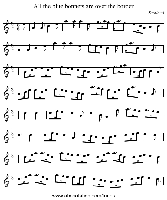 All the blue bonnets are over the border - staff notation