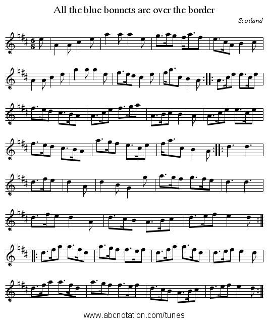 All the blue bonnets are over the border - staff notation