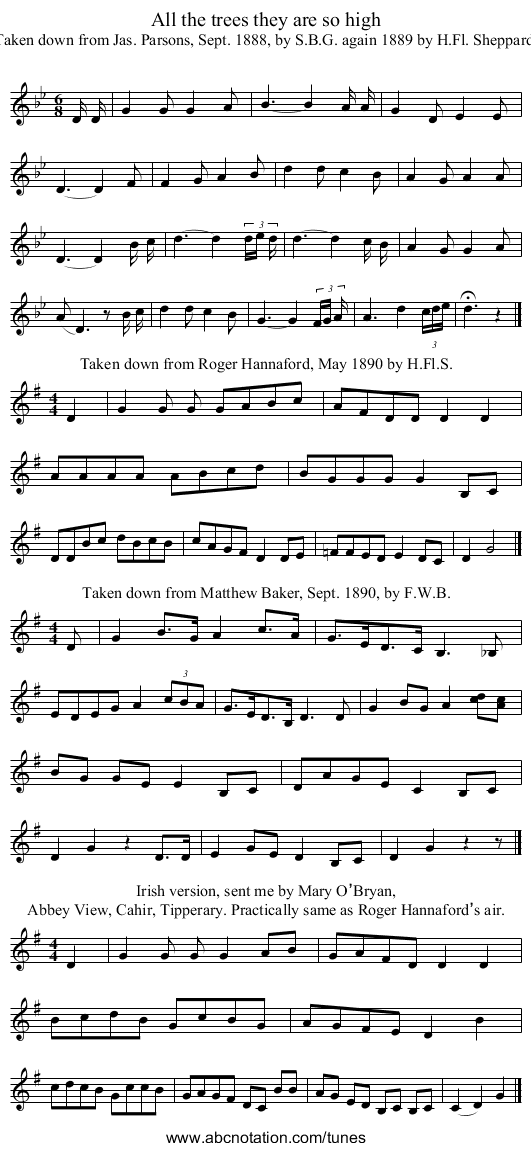 All the trees they are so high - staff notation