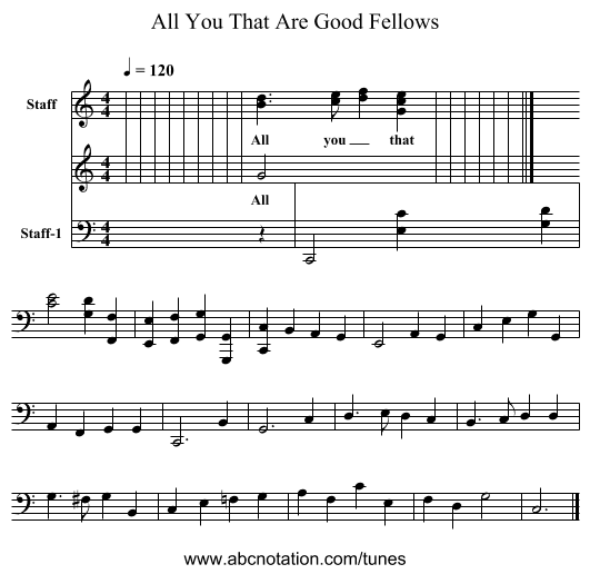 All You That Are Good Fellows - staff notation