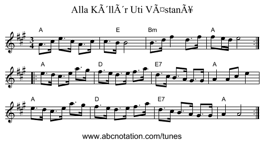 Alla KÃ´llÃ´r Uti VÃ¤stanÃ¥ - staff notation