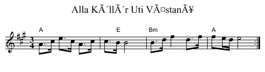 Alla KÃ´llÃ´r Uti VÃ¤stanÃ¥ - staff notation