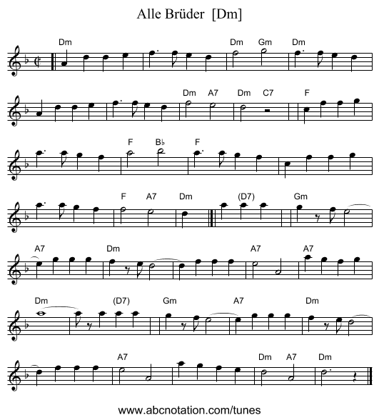 Alle Br&uuml;der  [Dm] - staff notation
