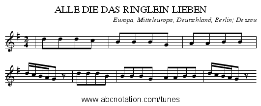 ALLE DIE DAS RINGLEIN LIEBEN - staff notation