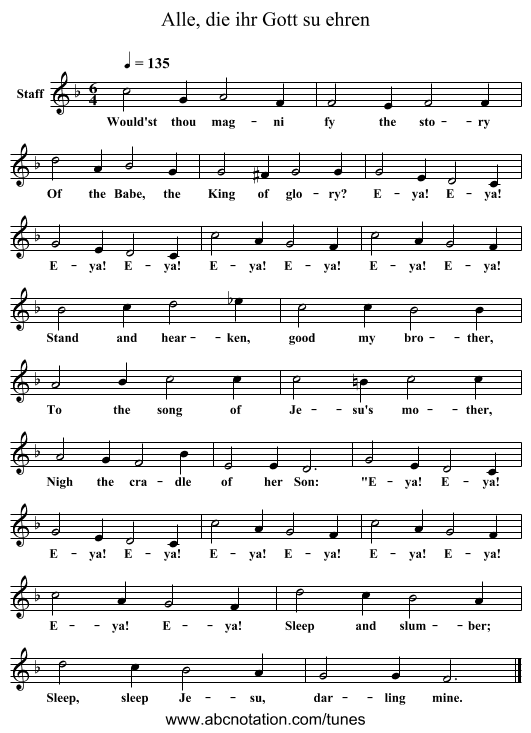 Alle, die ihr Gott su ehren - staff notation
