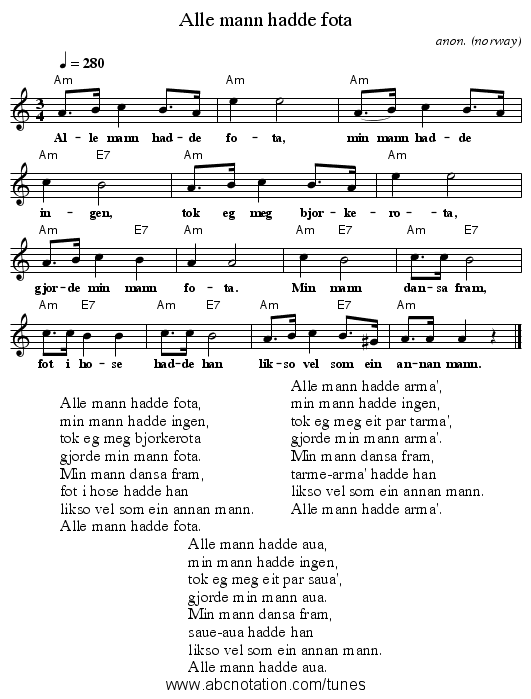 Alle mann hadde fota - staff notation