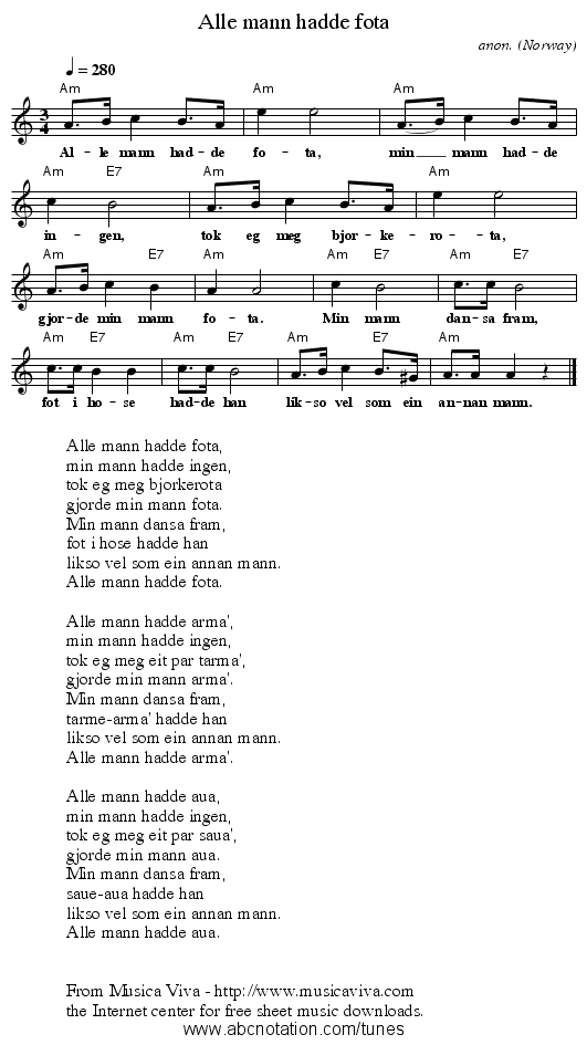 Alle mann hadde fota - staff notation