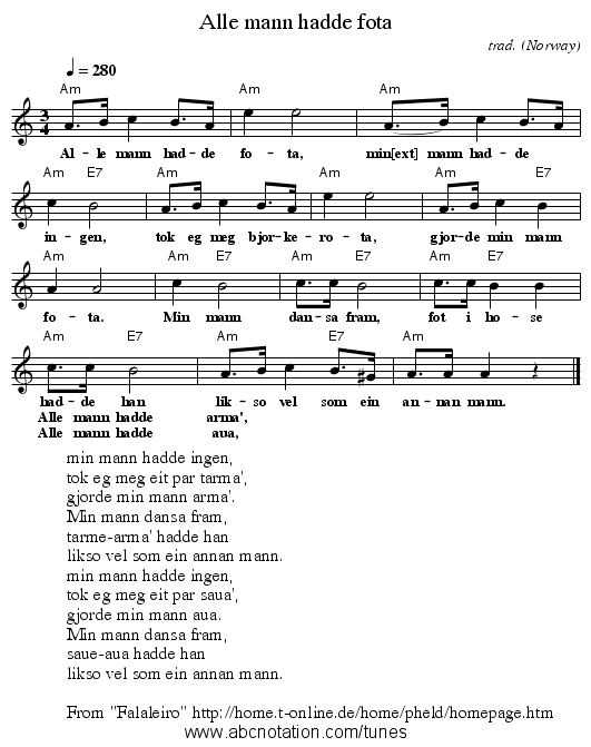 Alle mann hadde fota - staff notation