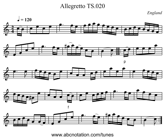 Allegretto TS.020 - staff notation