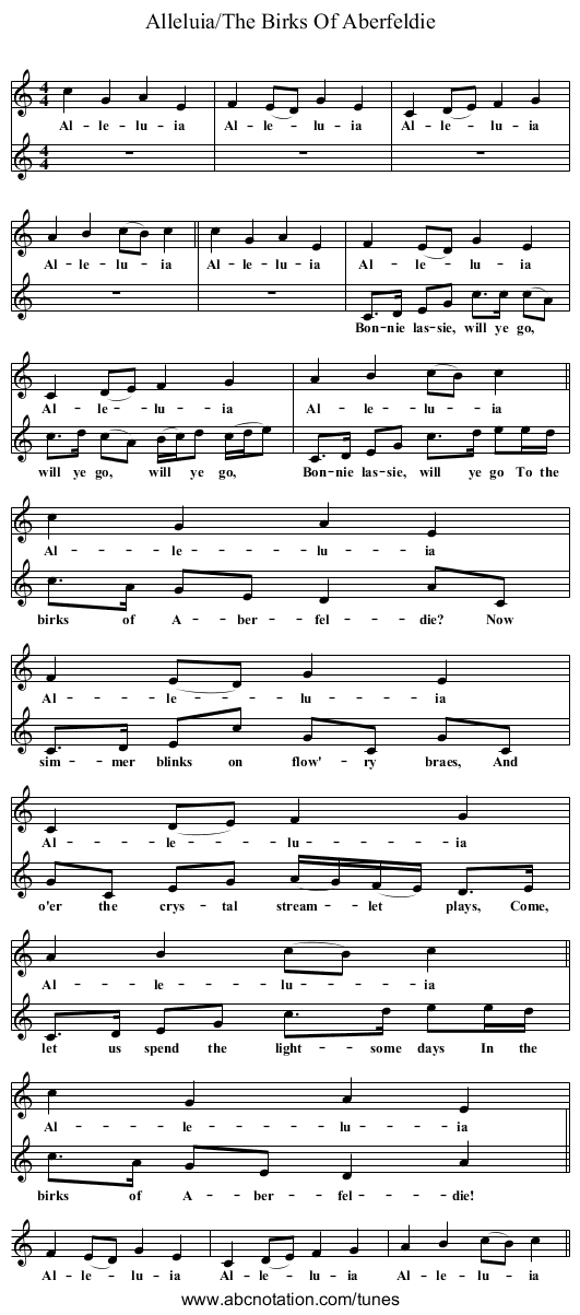 Alleluia/The Birks Of Aberfeldie - staff notation