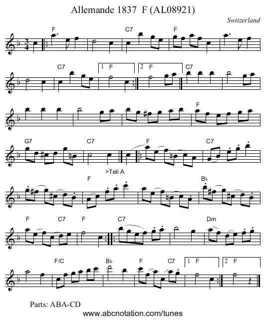 Allemande 1837  F (AL08921) - staff notation