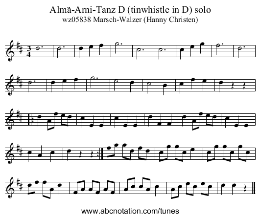 Almä-Arni-Tanz D (tinwhistle in D) solo - staff notation