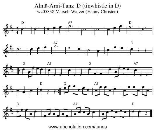 Almä-Arni-Tanz D (tinwhistle in D) - staff notation