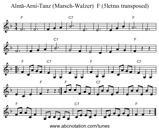 Alm&auml;-Arni-Tanz (Marsch-Walzer)  F (5letras transposed) - staff notation