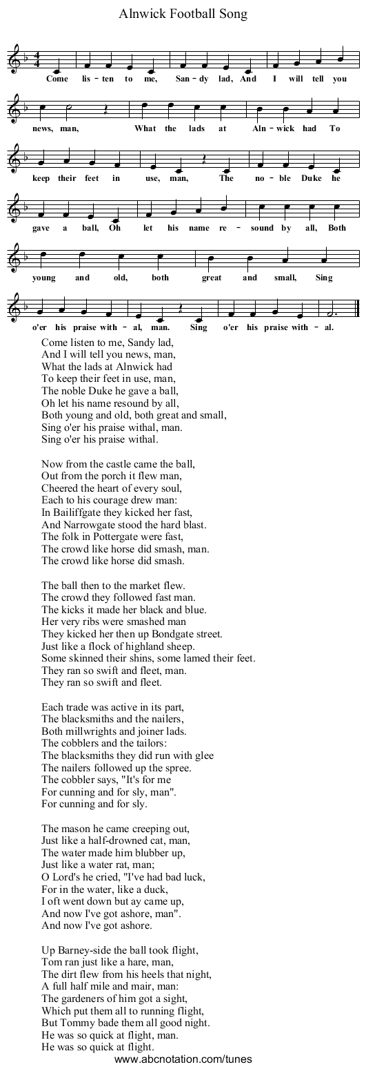 Alnwick Football Song - staff notation