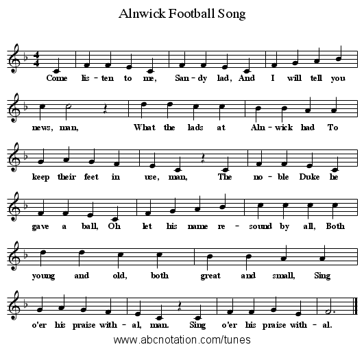 Alnwick Football Song - staff notation