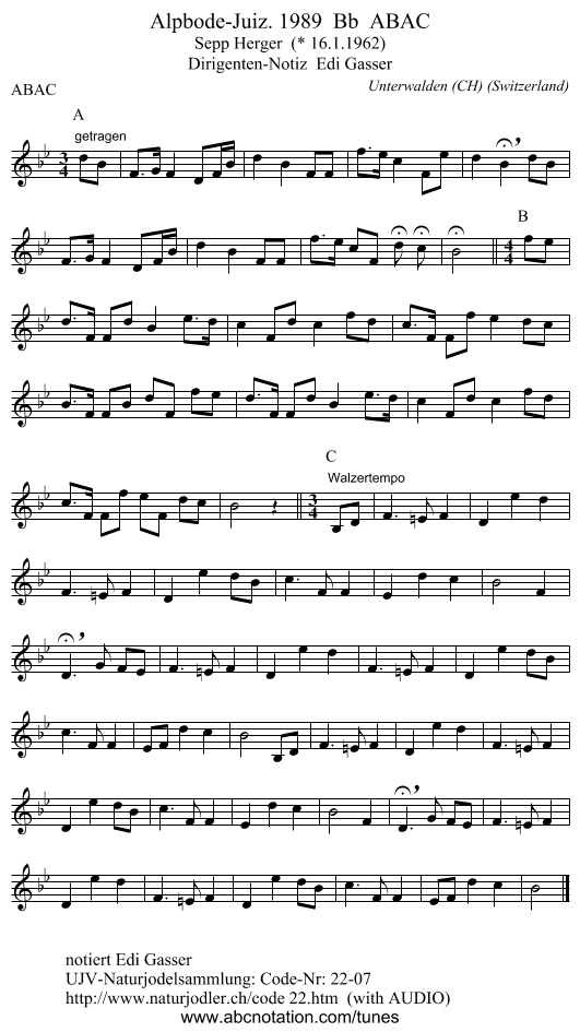 Alpbode-Juiz. 1989 Bb ABAC - staff notation