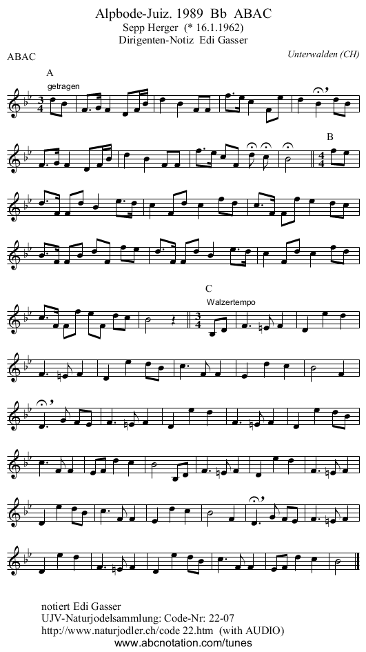 Alpbode-Juiz. 1989  Bb  ABAC - staff notation