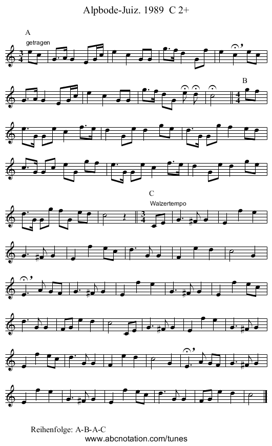 Alpbode-Juiz. 1989  C 2+ - staff notation