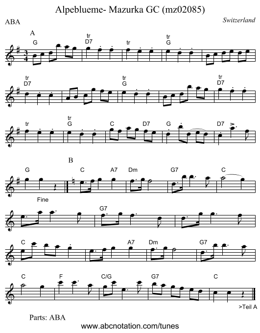 Alpeblueme- Mazurka GC (mz02085) - staff notation
