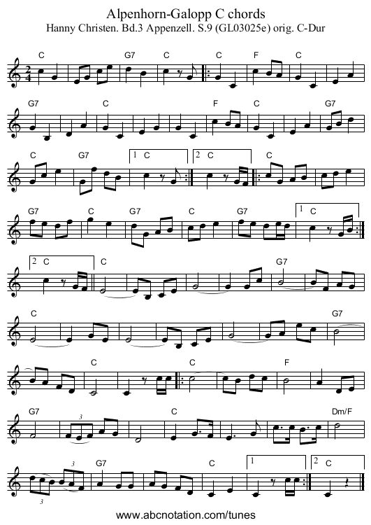 Alpenhorn-Galopp C chords - staff notation