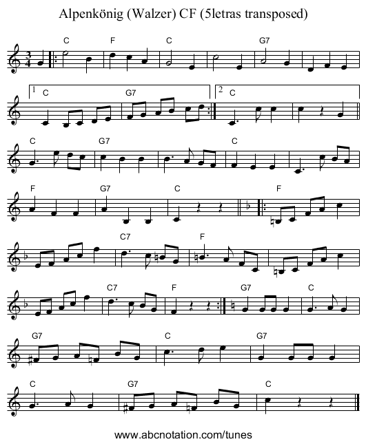 Alpenk&ouml;nig (Walzer) CF (5letras transposed) - staff notation