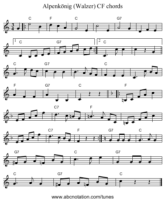 Alpenkönig (Walzer) CF chords - staff notation